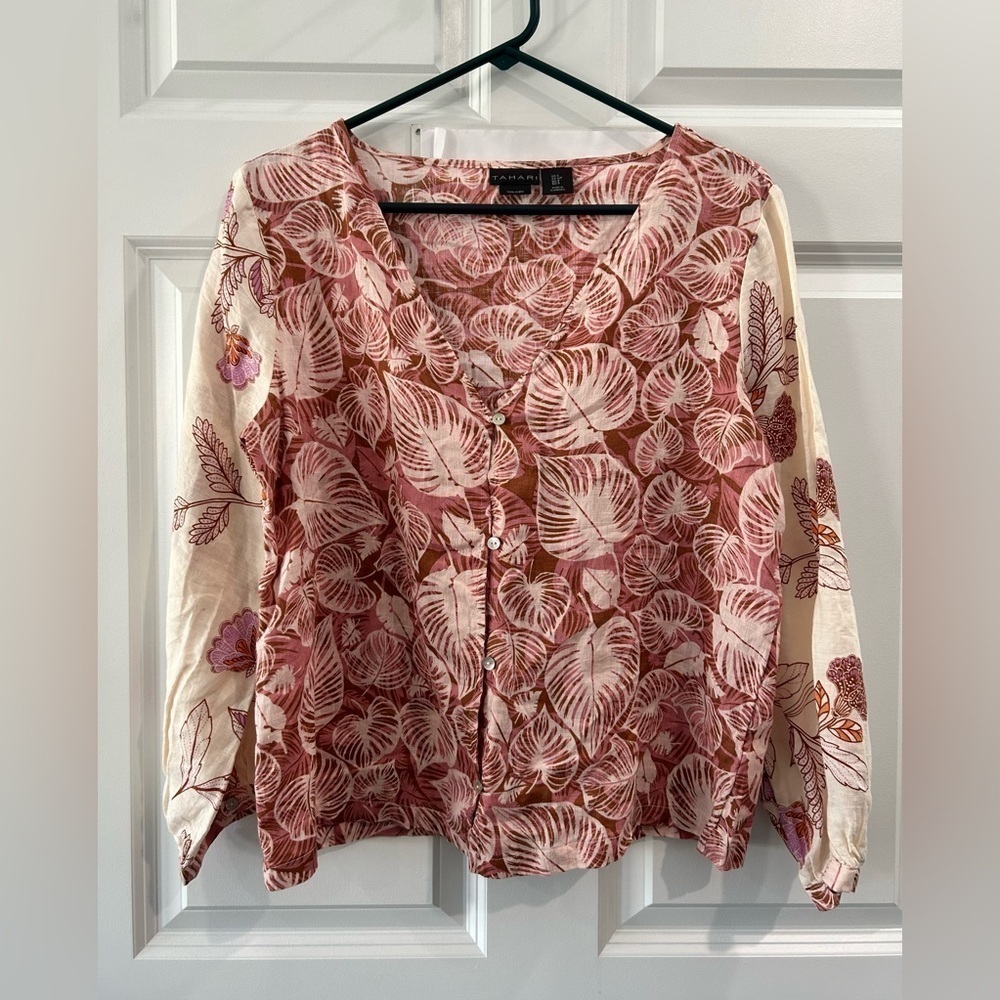 Tahari 100% Linen Popover Blouse Button Front Balloon Sleeve Leaf Floral Size S